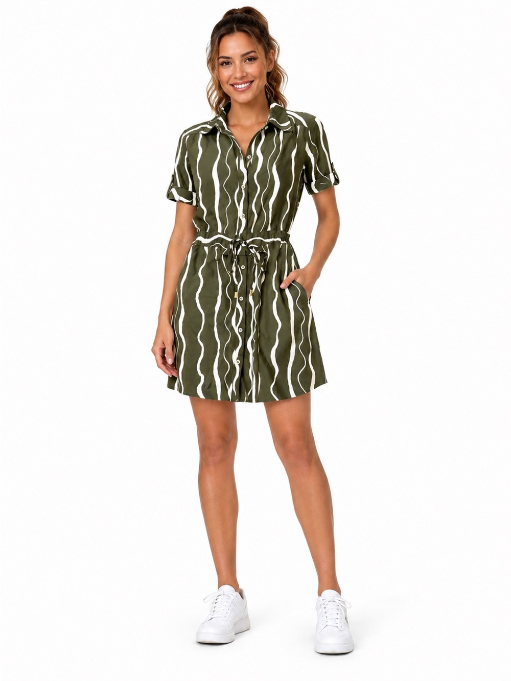 Halston Heritage Olive Green Button-Front Shirt Dress with White Wave Stripe